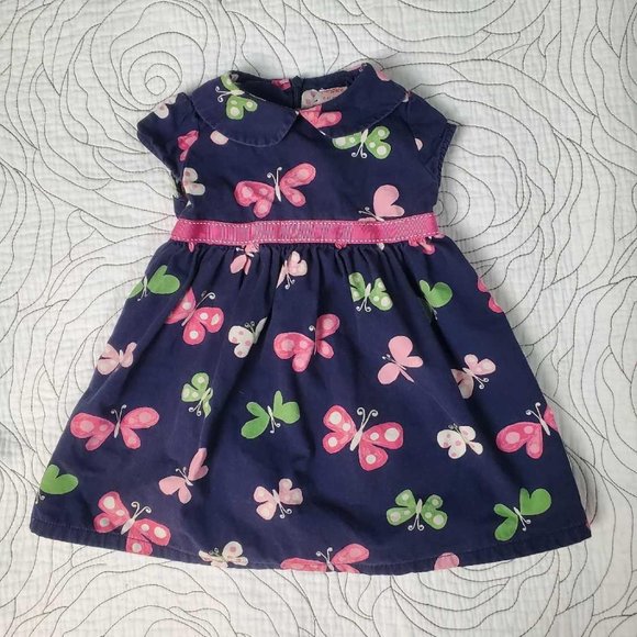 [6-12M] Butterfly Pattern Navy, Pink & Green Dress - Picture 1 of 5